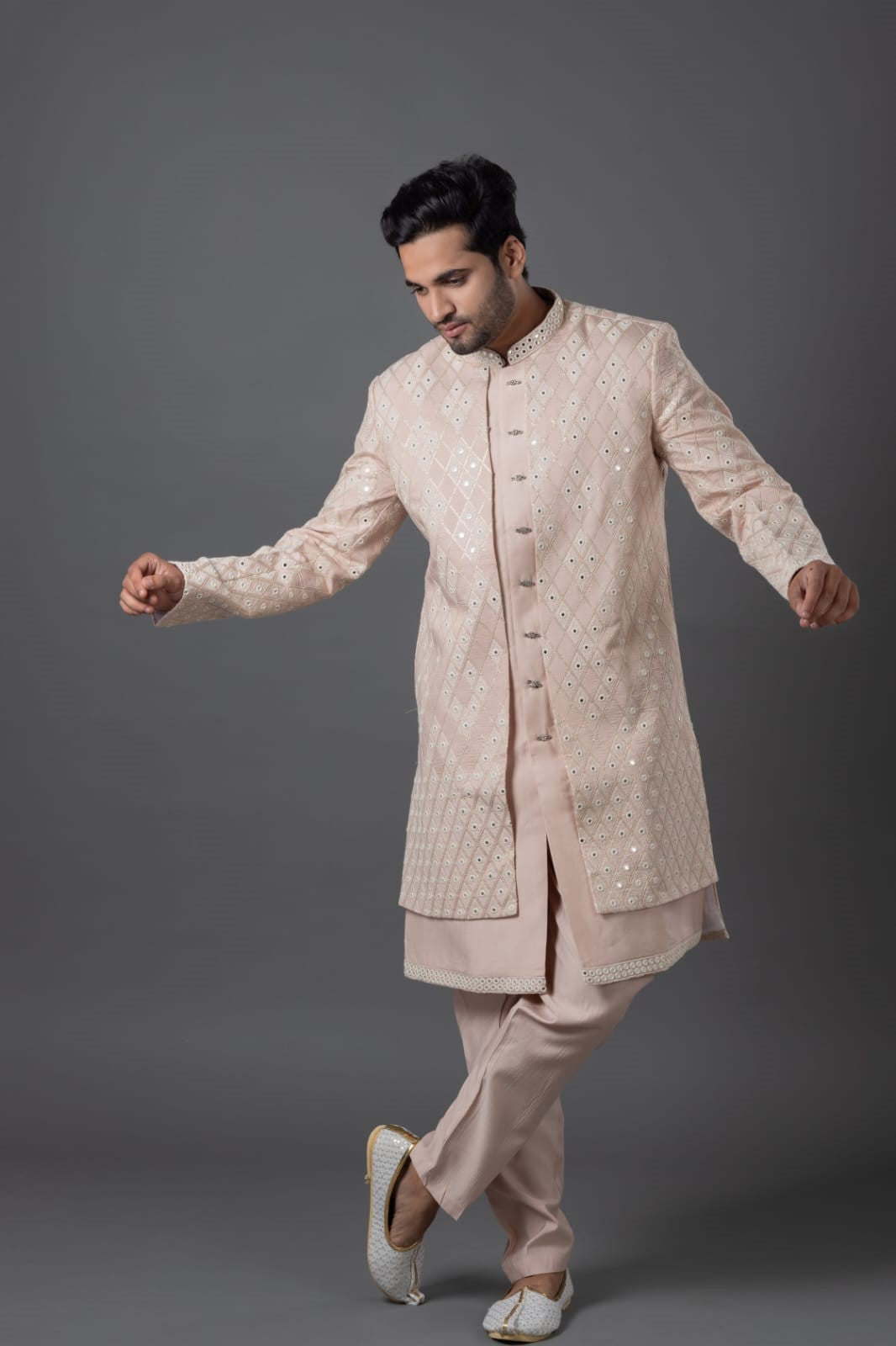 "Golden Mirage" Long Koti Indo – Beige Mirror Majesty