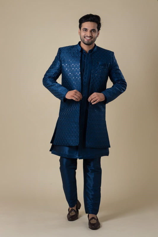 "Azure Majesty" Koti Indo – Teal Blue Sequined Elegance