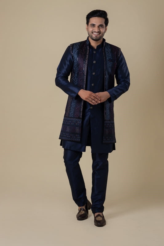 "Midnight Royal" Koti Indo – Dark Navy Blue with Panel Embellishments