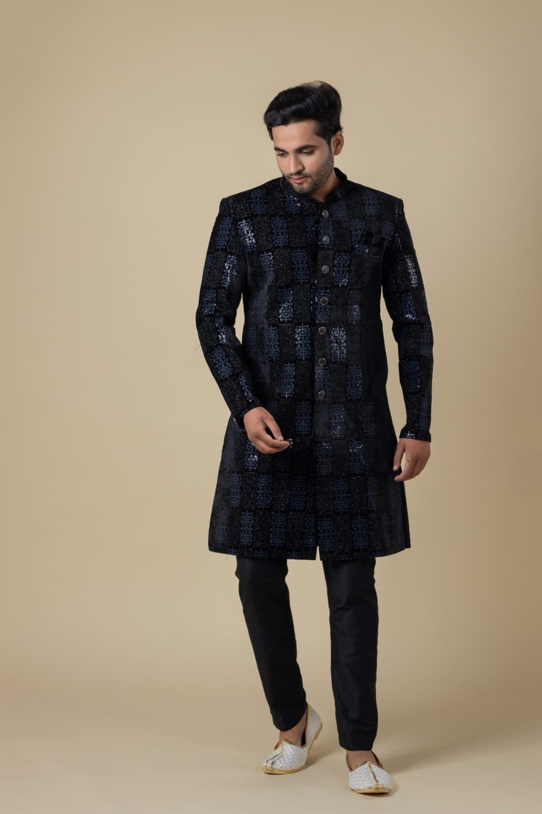 "Royal Midnight" Indo-Western – Navy Blue Velvet with Sequined Grandeur