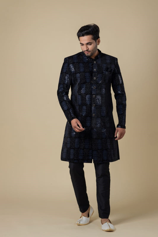 "Royal Midnight" Indo-Western – Navy Blue Velvet with Sequined Grandeur
