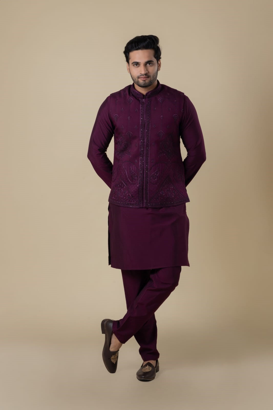 "Majestic Grace" Dark Purple Koti Suit – Handcrafted Royalty