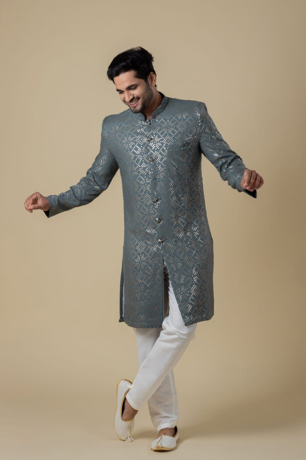 "Royal Spark" Indo-Western – Greenish Grey Sequin Elegance
