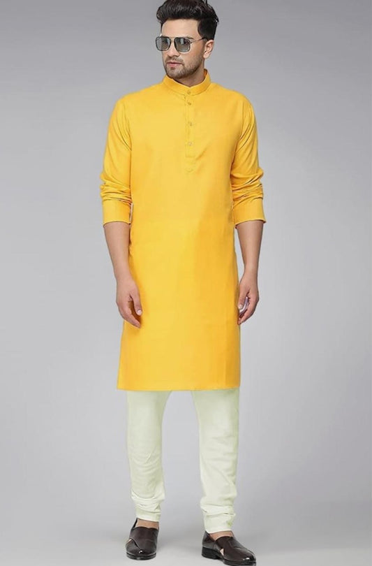 Men’s Mustard Yellow Straight Kurta with Off-White Churidar Set